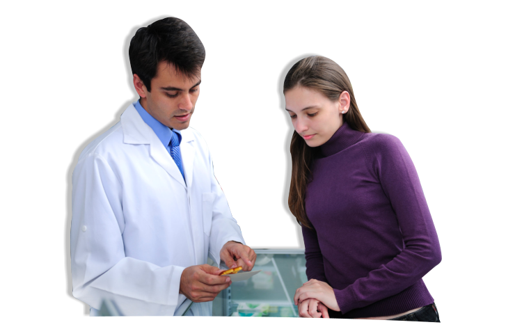 A pharmacist talking to a customer